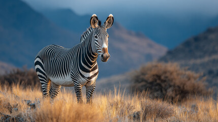 Fototapeta premium A Cape mountain zebra stands alone in the grasslands at sunrise in South Africaâ€™s Mountain Zebra National Park