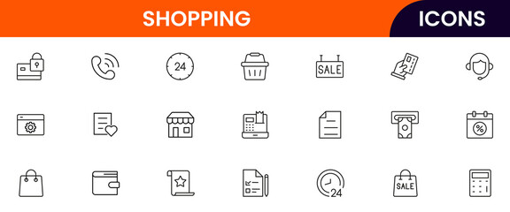 A vibrant Vector illustration web line icon collection for shopping, featuring sleek, minimalist designs perfect for e-commerce UI/UX, websites, and apps, ensuring high-quality visuals.