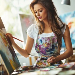 female artist wearing a colorful apron, holding a paintbrush and palette, standing in a sunlit studio surrounded by vibrant canvases and supplies