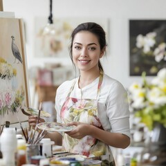 female artist wearing a colorful apron, holding a paintbrush and palette