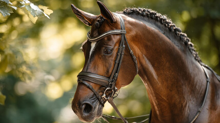 Obraz premium A conformation profile of a bay Hanoverian warmblood showcases its arched neck and elegant posture, highlighted by a leather English dressage bridle in a sunlit summer setting