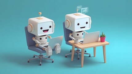 Artificial intelligence robot with notebook at office.A futuristic humanoid robot is sitting on a chair and work on laptop