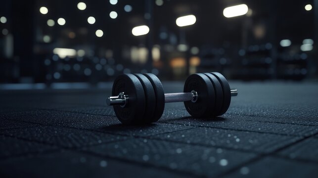 A black dumbbell on a dark gym floor at night