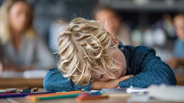 Tired Pupil in Classroom: A close-up view captures the vulnerable moment of a young student overcome by sleepiness, head resting on desk, amidst the gentle chaos of a bustling classroom.