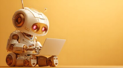 Artificial intelligence robot with notebook at office.A futuristic humanoid robot is sitting on a chair and work on laptop