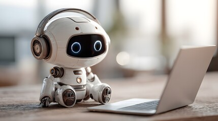 Artificial intelligence robot with notebook at office.A futuristic humanoid robot is sitting on a chair and work on laptop