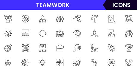 A dynamic Vector illustration web line icon collection for teamwork, featuring modern, minimalist designs ideal for collaborative UI/UX, websites, and apps, ensuring high-quality visuals.