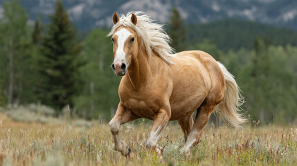 Obraz premium A palomino horse with a golden mane races across a green pasture