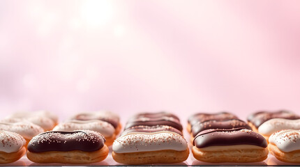 Dark chocolate and vanilla eclairs gourmet choux pastry on a pink bokeh blurred background wallpaper