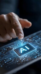 Ai processor embedded in advanced circuit board, highlighting technological innovation, machine learning.Artificial intelligence. Electronic chip with AI abbreviation on circuit board, top view.