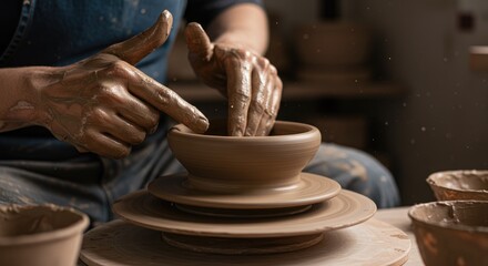Artisan shaping bowl on pottery wheel