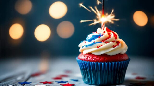 Festive red, white, and blue cupcake with a lit sparkler on a wooden table. Magical bokeh background for a 4th of July, birthday, or New Year's Eve celebration.