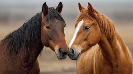 Obraz premium A touching moment is shared between beautiful bay horses on a pastoral farm, symbolizing equestrian care and rural life