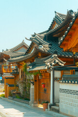 Traditional Korean hanok house decorated with colorful lanterns