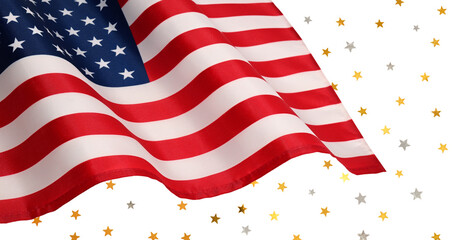 Fototapeta premium Festive patriotic background. Waving USA flag isolated on white background with gold and silver stars.
