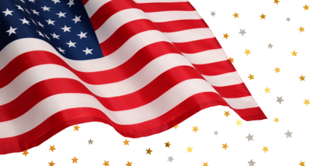 Festive patriotic background. Waving USA flag isolated on white background with gold and silver stars.