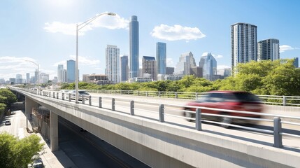 elevated view of a newly constructed overpass, featuring smooth concrete lanes and decorative lighting