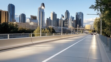 elevated view of a newly constructed overpass, featuring smooth concrete lanes and decorative lighting, set against a sprawling city skyline