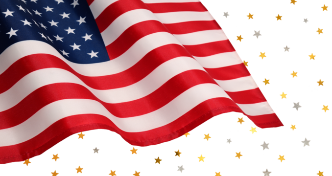 Festive patriotic background. Waving USA flag isolated on white background with gold and silver stars.
