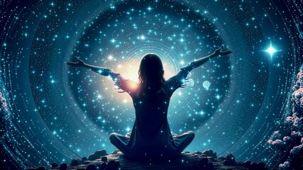Woman sitting in yoga lotus pose and her connection to space. - Powered by Adobe