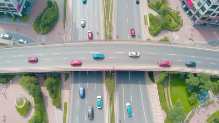 drone view of a massive highway interchange, showing intricate lanes and flyovers with busy traffic