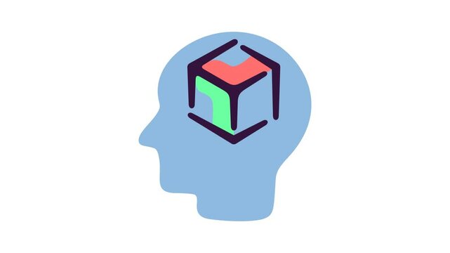 Human head with 3D cube inside, modeling and cybernetics, graphic animation. Alpha channel. Colored. Transparent background motion design. 4K resolution