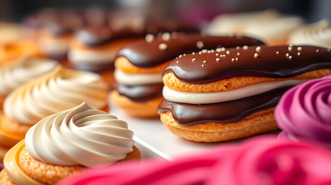 gourmet close-up bakery patisserie display with white and pink frosted pastries and chocolate eclairs donuts - Powered by Adobe