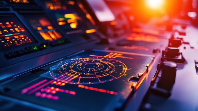 Futuristic control panel with glowing holographic displays.  Advanced technology interface with intricate graphic overlays.  Close-up view of interactive elements.  Complex system control