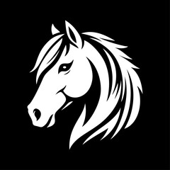 Horse head logo vector illustration template black and white. Simple hand draw design icon in black background