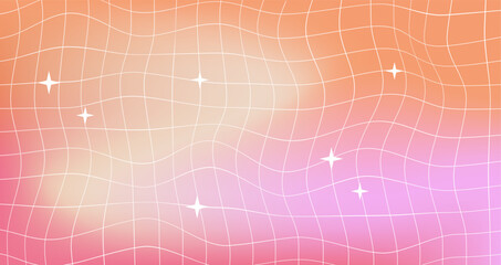 Y2k light pastel colors fluid mesh background. Wallpaper with grid and stars. Blurry pastel rose pink gradient background