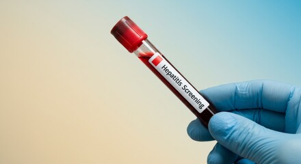 hand holding blood test tube for hepatitis screening, medical background with soft gradient