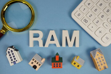 RAM abbreviation of Reverse Annuity Mortgage alphabet letters with house model, magnifying glass...