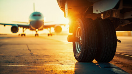 Airplane tires on the tarmac at sunset with a blurred airplane in the background and warm golden light illuminating the scene