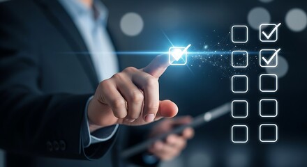 Businessman ticking digital checklist boxes on virtual screen
