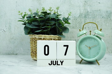 Wooden Calendar Showing the Date of July 7th. Day 7 of July month