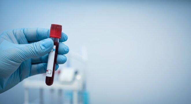 hand holding blood test tube for hepatitis screening, medical background with soft gradient