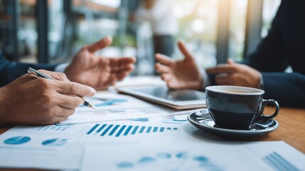 Business Meeting on Office Desk with Coffee Cup, Charts and Hand Gestures