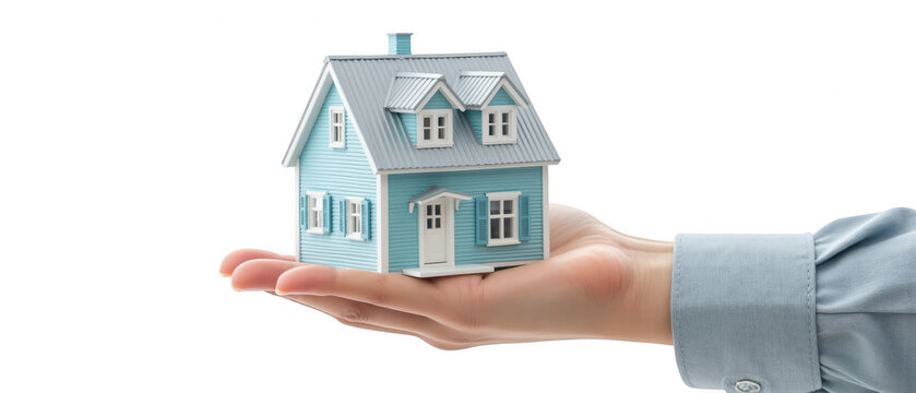 Hand holds small model house, showcasing charming blue exterior with white accents. This conveys sense of care and ownership