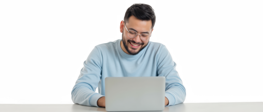 Smiling man in light blue sweater is sitting at table, using laptop. He appears engaged and happy while working or browsing online