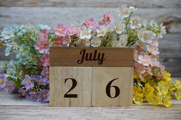 Wooden Calendar Showing the Date of July 26th. Day 26 of July month