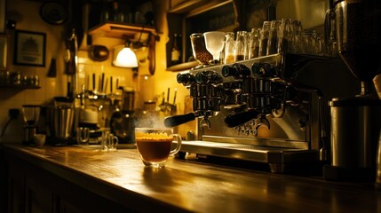 Warm coffee in a cozy cafe.  Aromatic steam rises from a steaming cup of coffee on a wooden bar, in front of a professional espresso machine, in a dimly lit cafe.  Cozy atmosphere