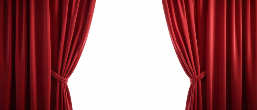 Luxurious red curtains draped elegantly, creating dramatic entrance. Perfect for theater, stage, or event decor, adding touch of sophistication