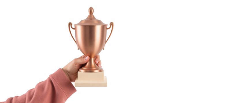 Hand holding shiny trophy, symbolizing achievement and success, stands out against transparency background. This conveys sense of pride