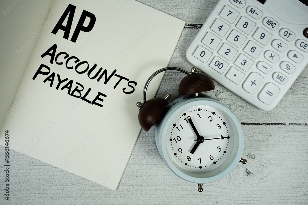 Poster ap advance payment text on paper notebook page with alarm clock and calculator on wooden background