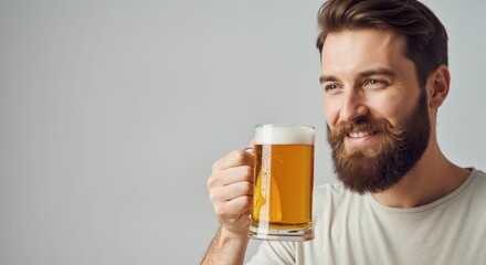 Happy man with beard lifting mug of beer in casual setting  