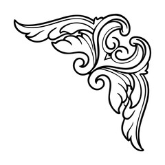 Elegant corner design element featuring swirling leaves and ornate flourishes in black and white.