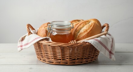 Fototapeta premium Fresh bread rolls with honey in a wicker basket on white table 