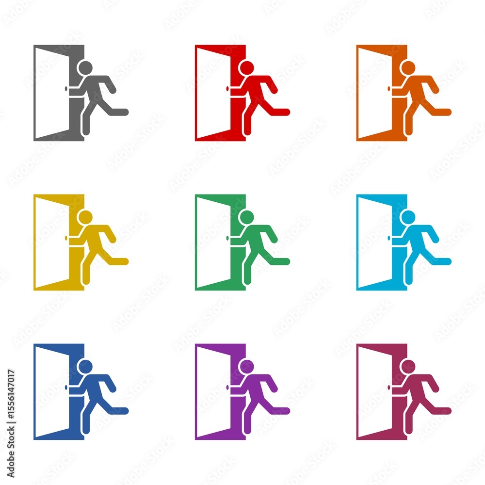 Poster running man and exit door icon isolated on white background. set icons colorful