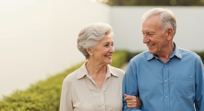 Elderly couple walking and smiling together in garden at sunset - Powered by Adobe