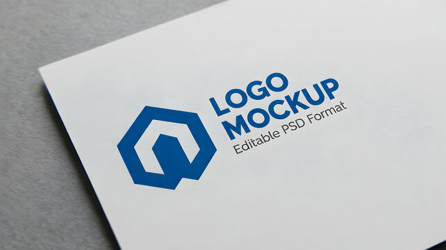 Close up of a white card with a blue logo mockup and editable psd format on a gray surface